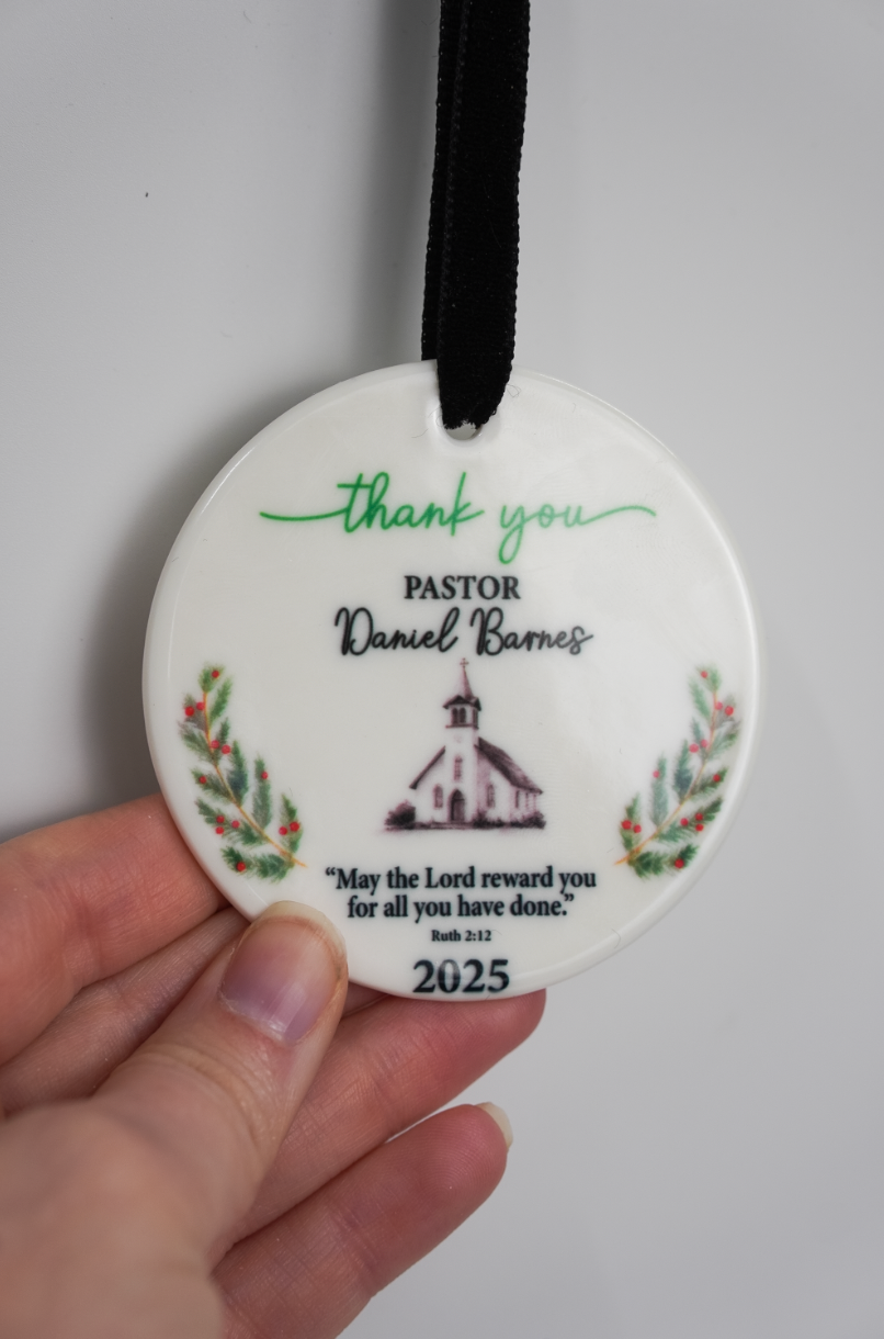 Personalized Pastor Ornament 2025 | Thank You Gift for Pastor | Christian Christmas Ornament | Scripture Gift | Ceramic Ornament