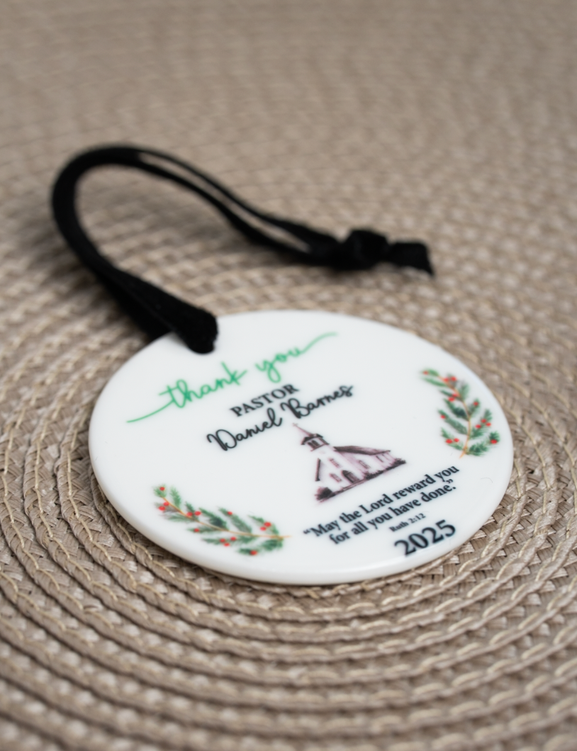 Personalized Pastor Ornament 2025 | Thank You Gift for Pastor | Christian Christmas Ornament | Scripture Gift | Ceramic Ornament